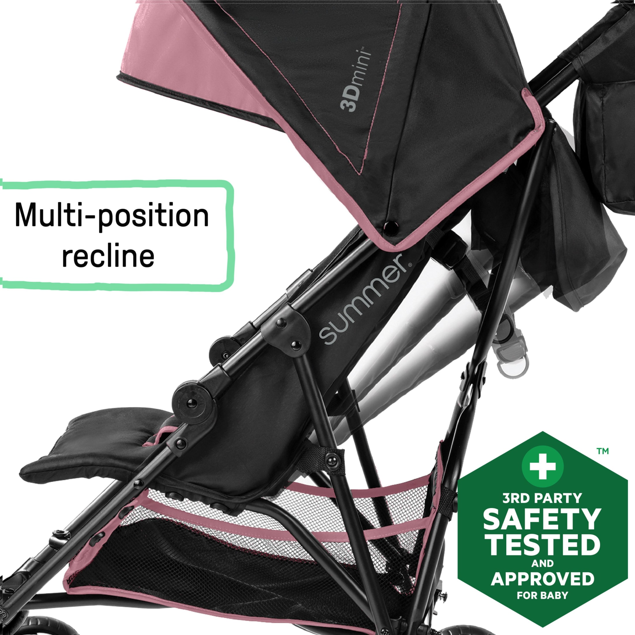 Summer by Ingenuity 3D Mini Lightweight Umbrella Stroller, Compact Fold, Recline, Canopy, Up to 45 pounds, Convenience Stroller for Travel, Pink