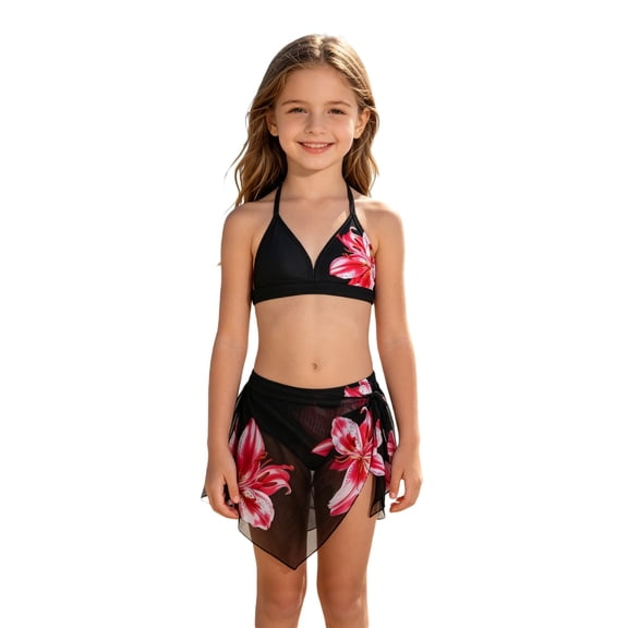 Tiijoy Girls 3-Piece Swimsuit Flower Bikini Set with Cover Up Skirt, Black, Sizes 9-10