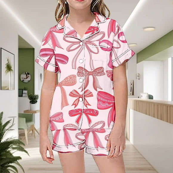 Kids Girls Silk Pajamas Set Bow Pajamas Button Down Sleepwear Set Pjs Sleepwear Outfits Christmas Pjs Kids 4-5 Years Kids Clothes