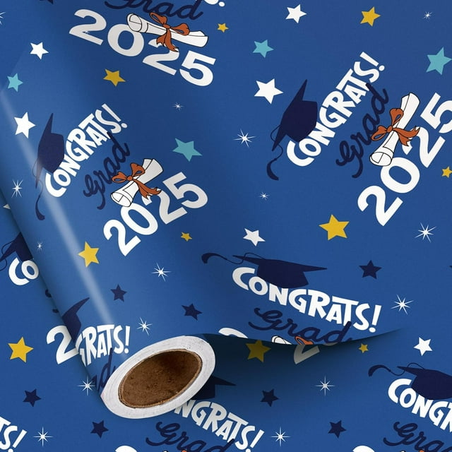 RUSPEPA Blue Graduation Wrapping Paper Roll 2025, Gift Wrap with Trencher Cap and Congrats Grad for High School and College Graduation, Mini Roll, 17 Inches x 16.4 Feet