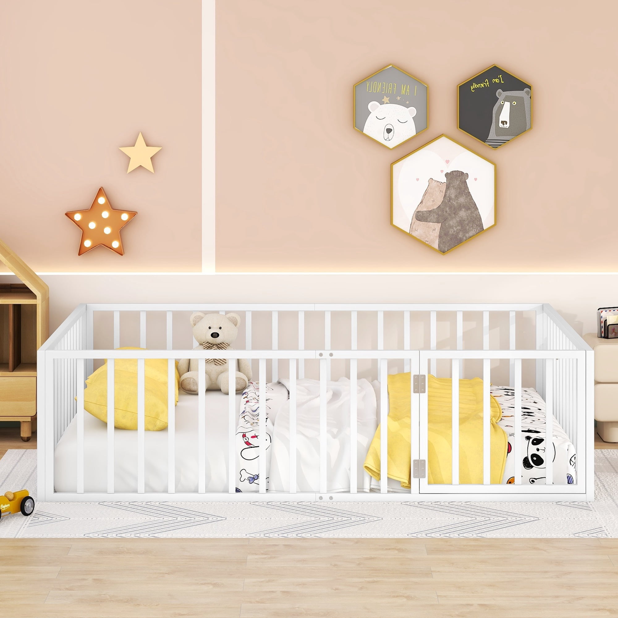 Gewnee Queen Size Toddler Bed, Metal Floor Bed Frame with Fence and Door,White