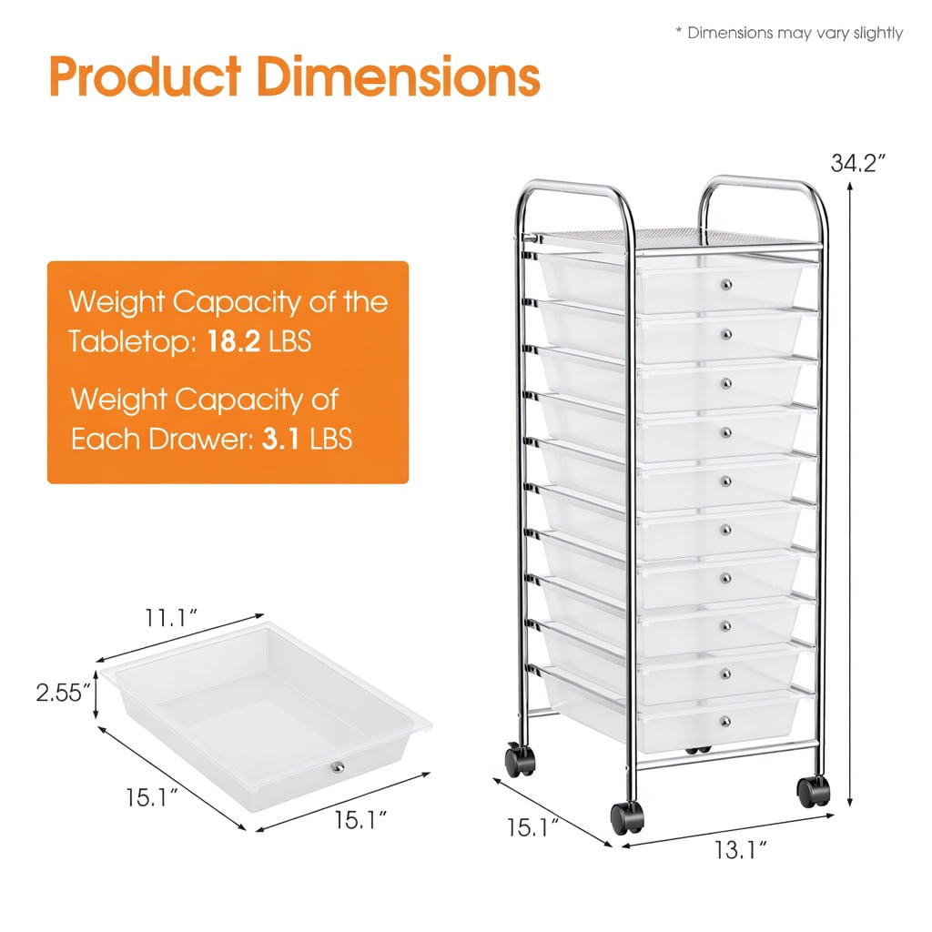 Yardi Yard 10 Drawer Rolling Storage Cart Organizer with 4 Universal Casters-Clear, Storage Cart, Multipurpose Organizer Cart for Home, Office, School