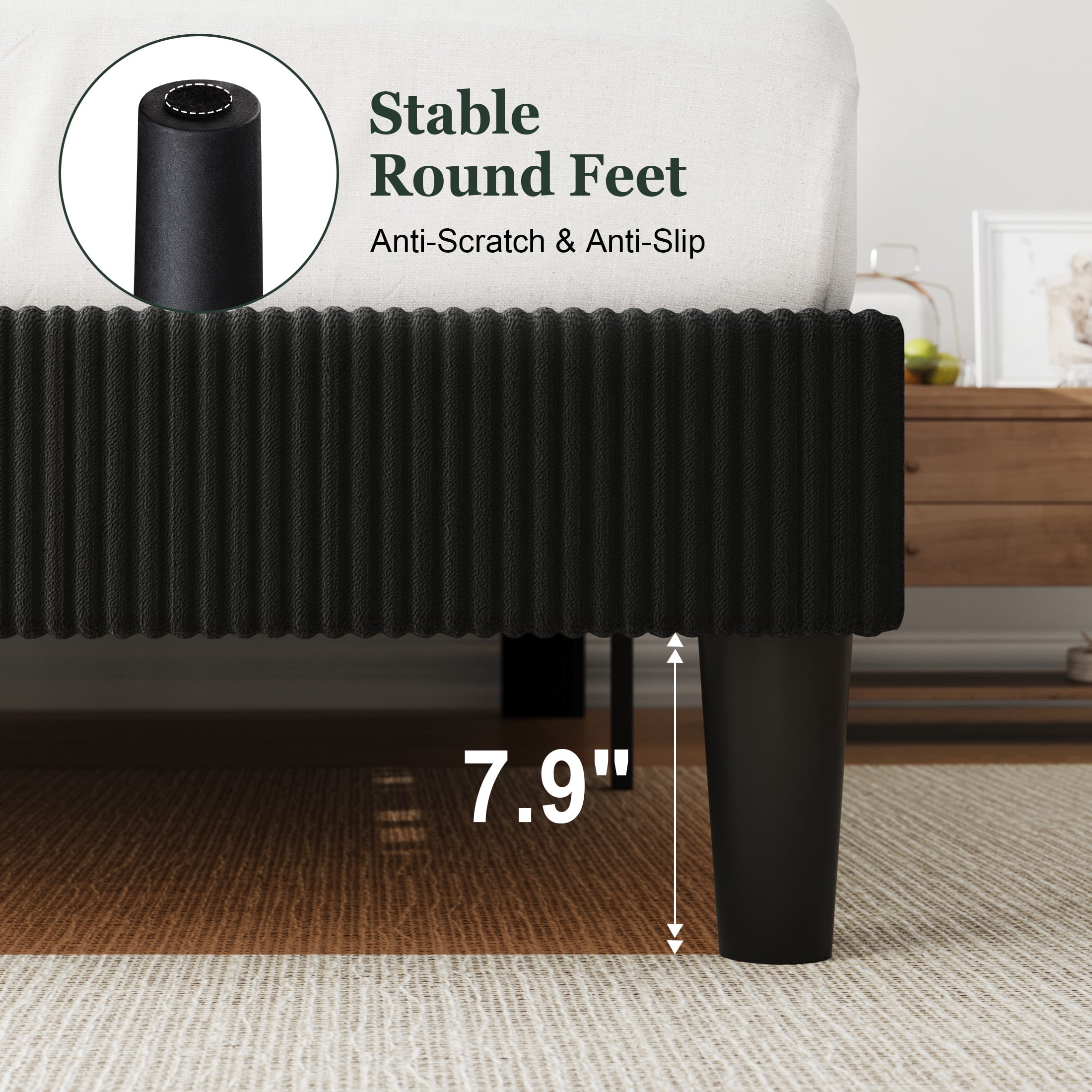 Amolife Full Size Platform Bed Frame with Corduroy Fabric Upholstered Adjustable Height Headboard, Black