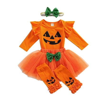 

4Pcs Halloween Infant Baby Girl Outfit Pumpkin Print Long Sleeve Romper+ Bubble Skirt+ Leg Warmer+ Headwear Set