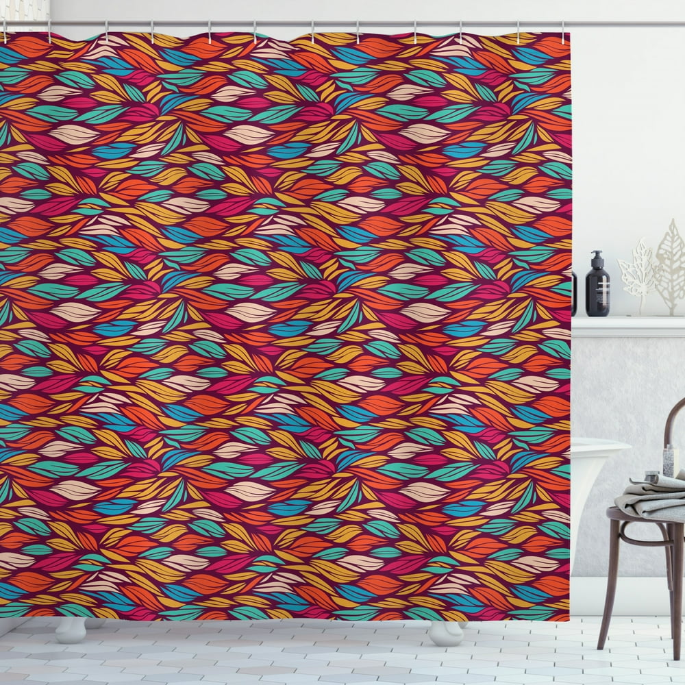 Colorful Shower Curtain, Abstract Funky Art Pattern with Waves in Warm