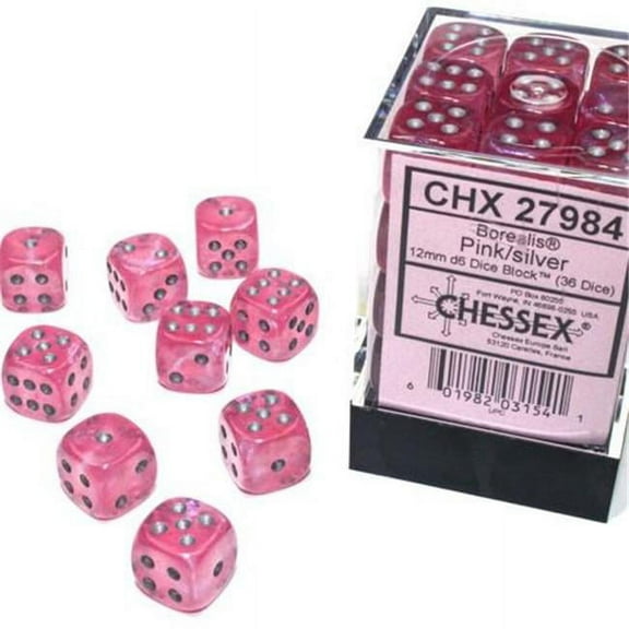 Chessex Manufacturing  12 mm D6 Cube Borealis Luminary Dice, Pink with Silver Pips - Pack of 36
