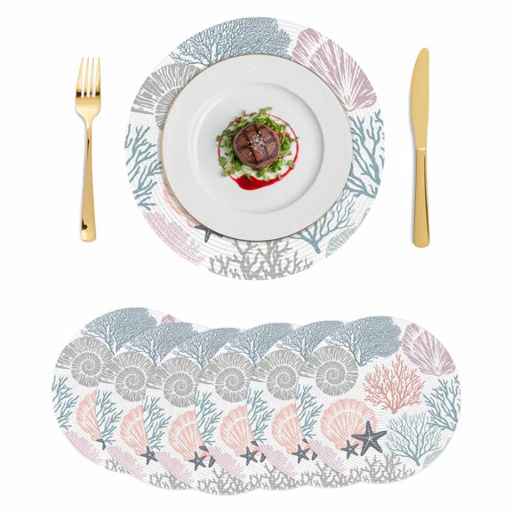 Coastal Starfish Round 13 Inch Placemats Set of 6, Ocean Multicolor Coral Shell Conch HeatResistant Non Slip Place Mats for Dining Table, Wipeable Braided Kitchen Table Mats for Housewarming