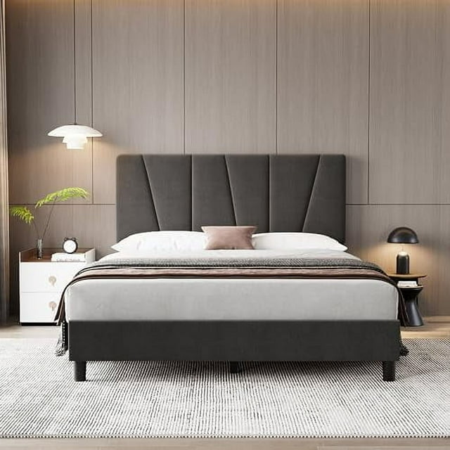 Bed Frame with Headboard Adjustable, Modern Linen Upholstered Twin Platform Bed Frame with Wooden Slat Support, No Box Spring Needed