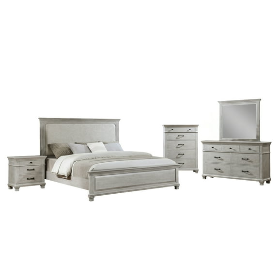 New Classic Furniture Silver Sands 5 Piece Wood Bedroom Set-6/0 Western King Upholstered Panel Bed, Dresser, Mirror, Nightstand And Chest-Gray