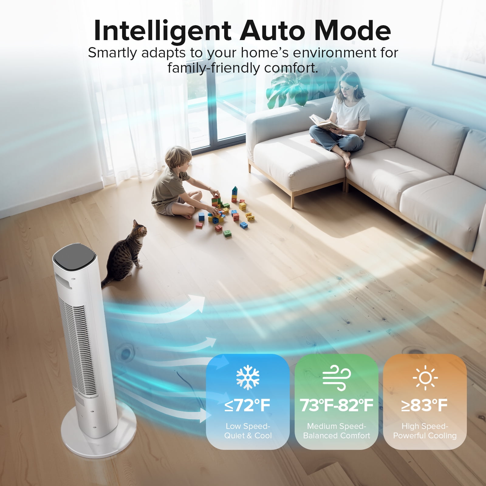 KISSAIR 35" Oscillating Tower Fan, Bladeless Floor Fan with Remote, 4 Modes & 3 Speeds, 12H Timer, Quiet & Family-Safe, LED Display, 85° Wide Cooling for Bedroom & Home  (Black - White mix)