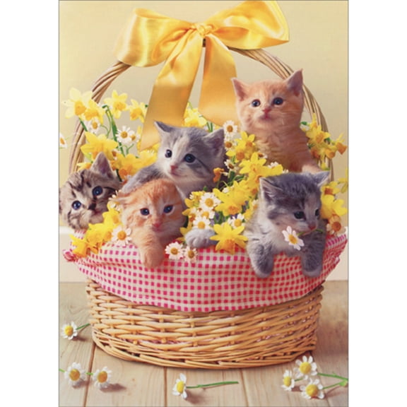 Avanti Press Kittens and Yellow and White Flowers in Basket with Yellow Ribbon Easter Card
