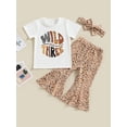 thumbnail image 2 of Bagilaanoe 3pcs Toddler Baby Girl Long Pants Set Letter Print Short Sleeve T-Shirts Tops + Leopard Flare Trousers + Headbands 12M 18M 24M 3T 4T 5T Kids Casual Outfits, 2 of 8