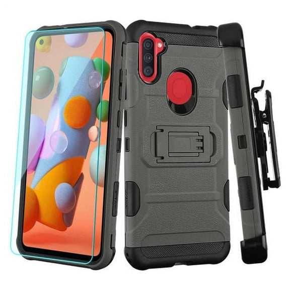 Samsung Galaxy A11 Phone Case Combo 3 in 1 Hybrid Impact Armor Rugged TPU Rubber Silicone Shockproof Protective Cover with Holster Belt Clip & Tempered Glass GRAY Cover for Samsung Galaxy A11