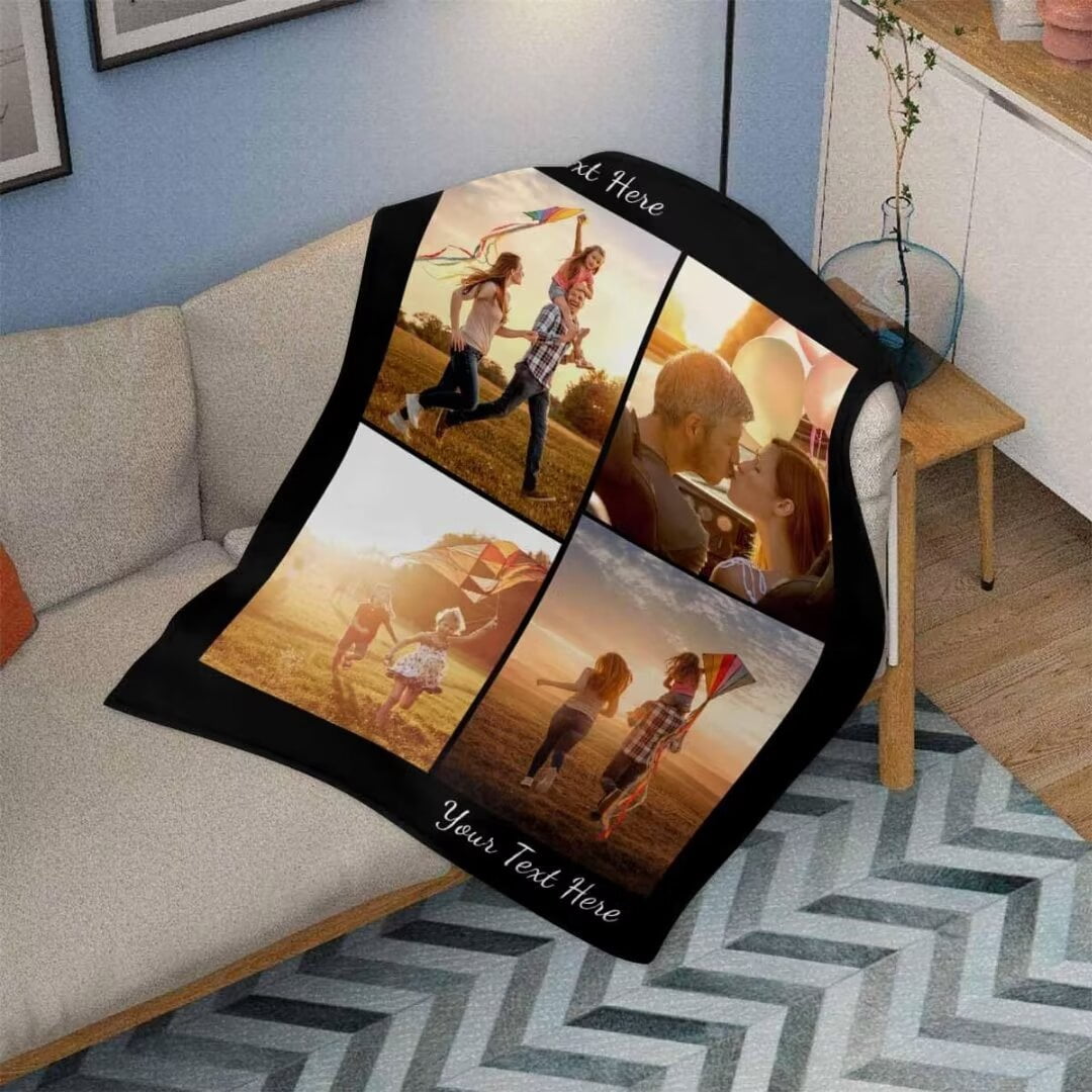 AISENIN Personalized Photo Blanket, 4 Photos Custom Blankets Photo Blankets Customize for Mom Grandma Wife Women from Daughter Son Husband