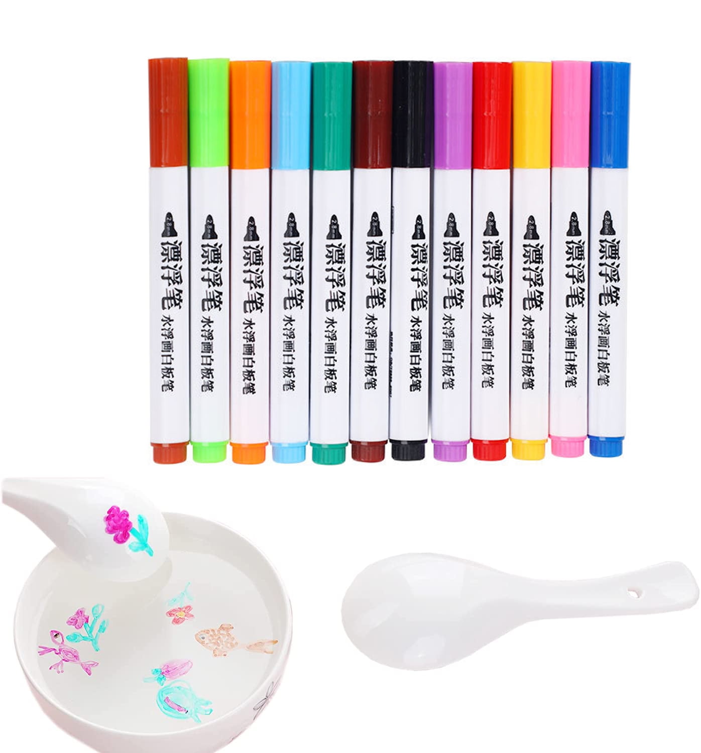 12 PCS Magic Water Brushes, 1 Ceramic Spoon,Magic Floating Ink Pens