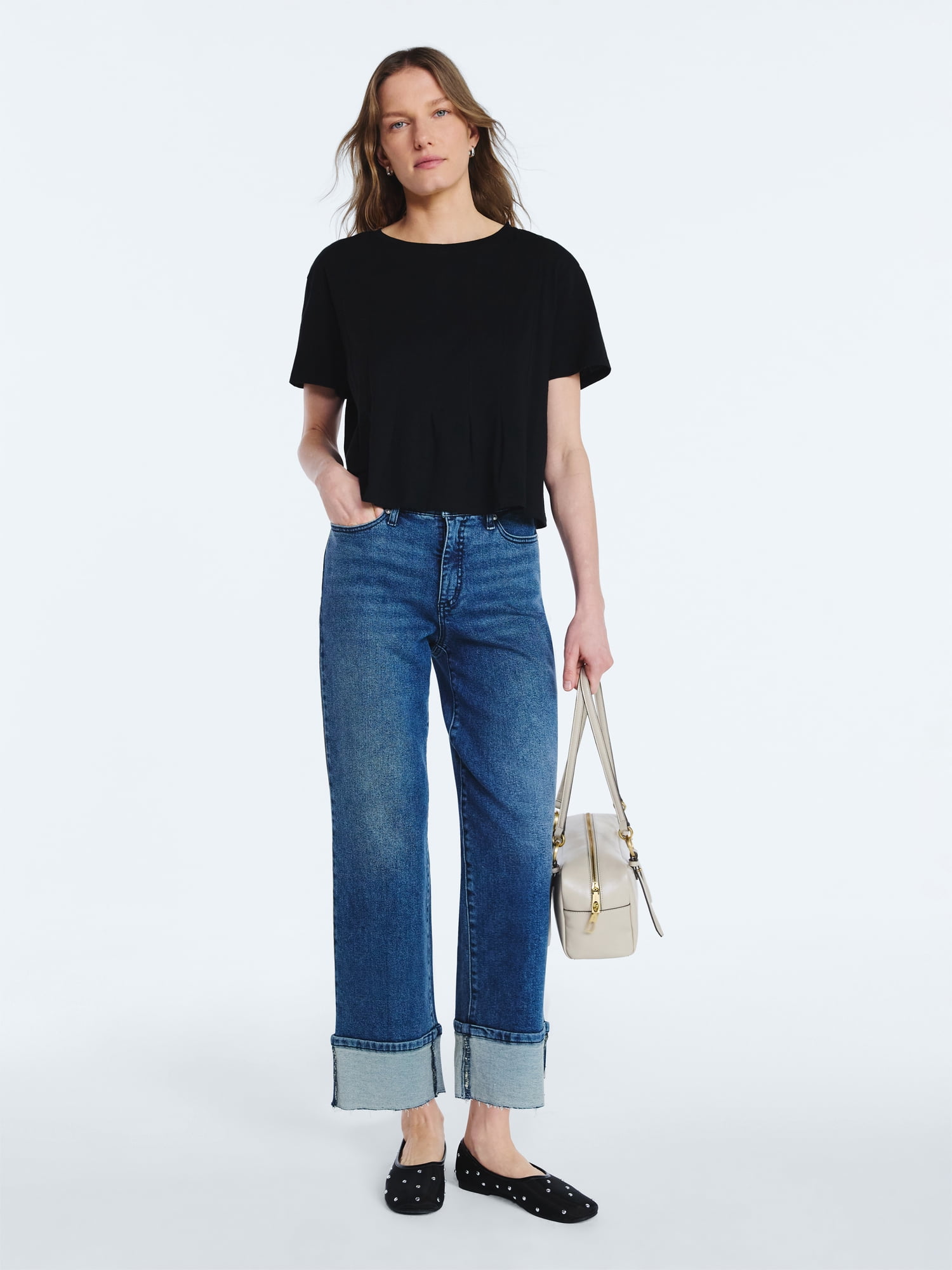 Scoop Women’s and Women's Plus Pleated Cropped Cotton Tee, Sizes XS-4X