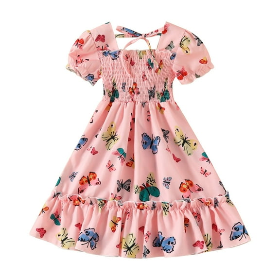 EnJoCho Girls Summer Short Sleeve Bubble Sleeve Butterfly Print Dress Casual Long Dresses Baby Kids Casual Dresses Cute Girl Party Wear Clothes