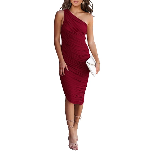 Vestido PRETTYGARDEN Midi Rojo Vino con Hombro Descubierto y Fruncido de Tul Talla M