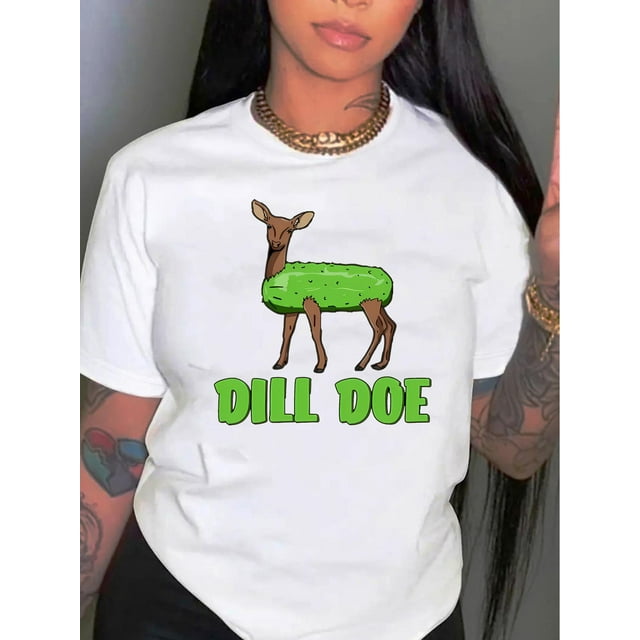 Cartoon Deer & Letter Print Comfy T-Shirt, Round Neck Short Sleeve Sports Tee, Women's Activewear