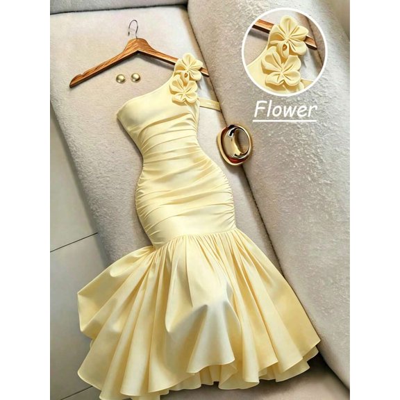 Women's Yellow 3D Floral Asymmetric Shoulder Bodycon Evening Dress