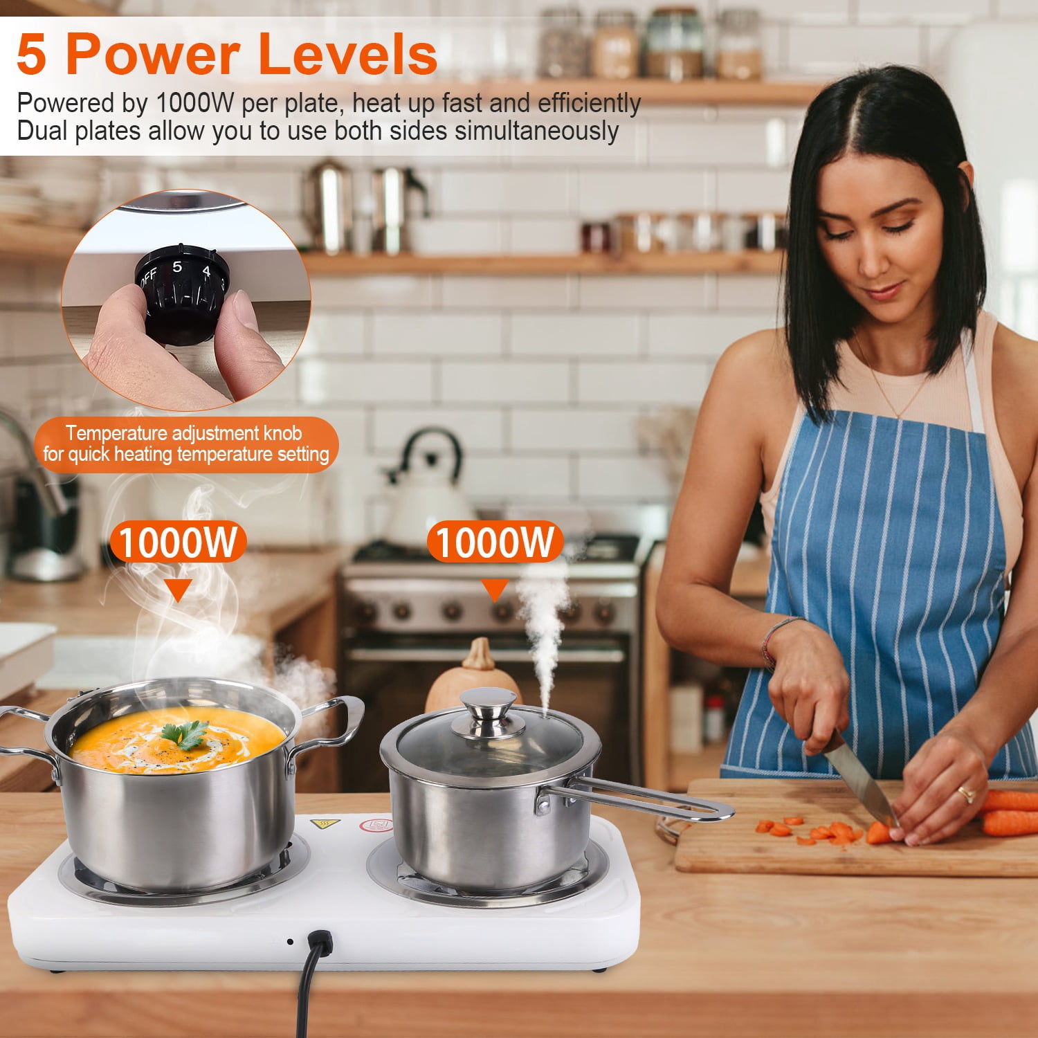 Moclever 2000W Double Burner Electric Hot Plate, Portable Coil Stove with 5 Temperature Settings, Non-Slip Feet for Countertop RV Dorm, White