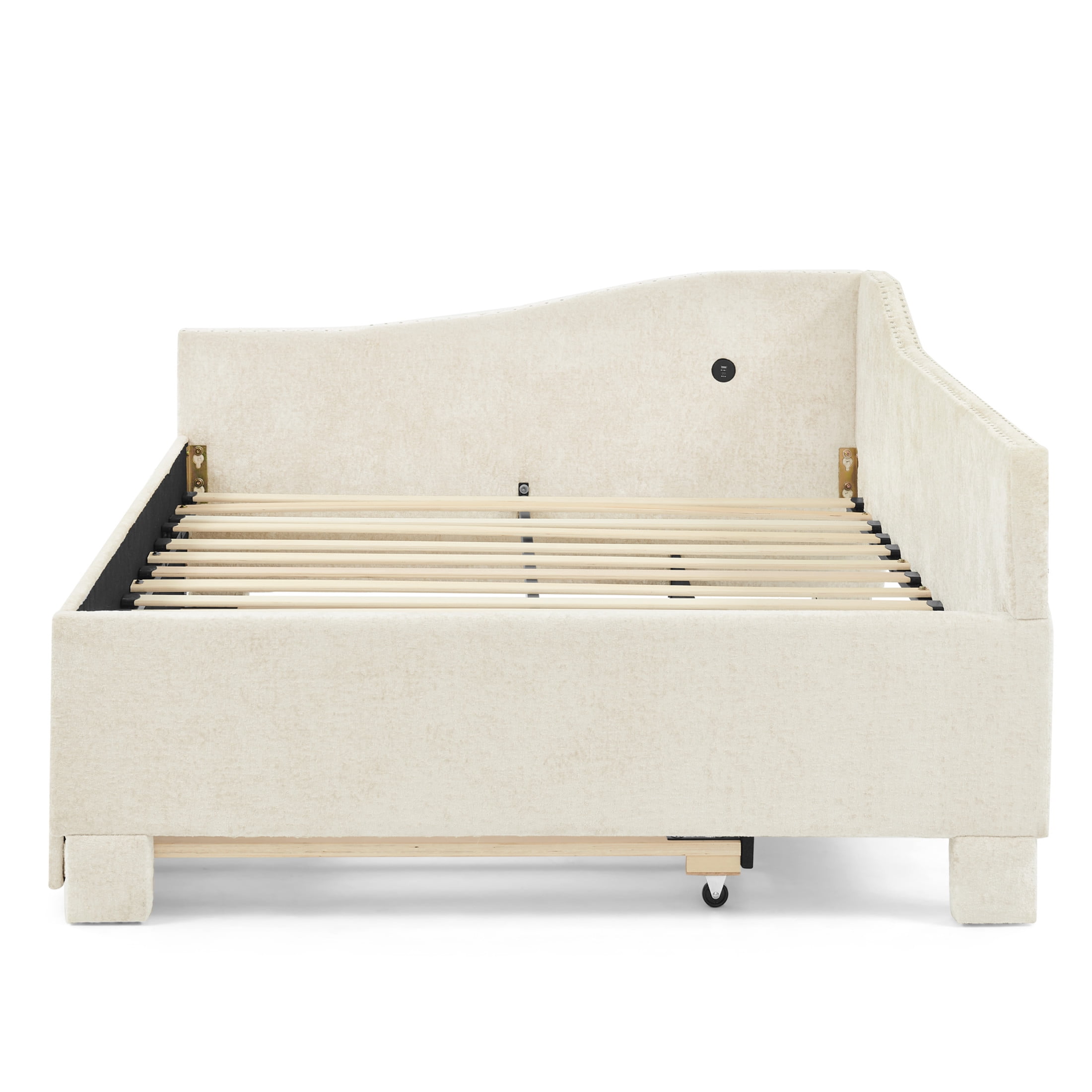 Noble House Phineas Twin Size Chenille Padded Daybed, Sofa Bed Frame with Twin Trundle and Charging Port, Beige