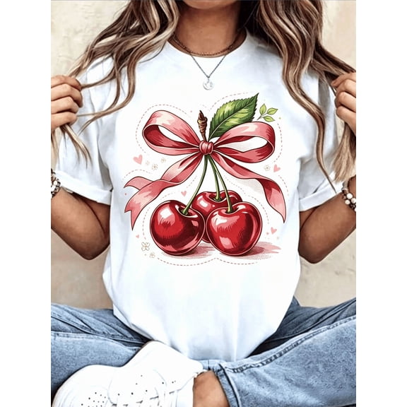 Women Round Neck T Shirt Cherry With Red Ribbon Print Short Sleeve Casual Summer Outfit