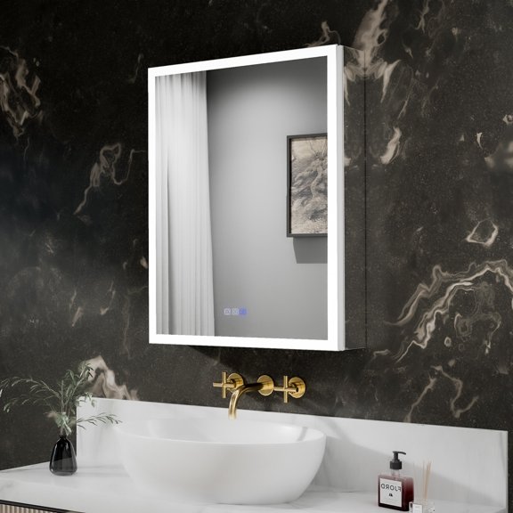 Rim-s 24"W x 30"H LED Medicine Cabinet with Anti-Fog, Stepless Color Temperature and Dimming, Adjustable Shelves, Aluminum Frame, Recessed or Surface Mount, Hinge on Left