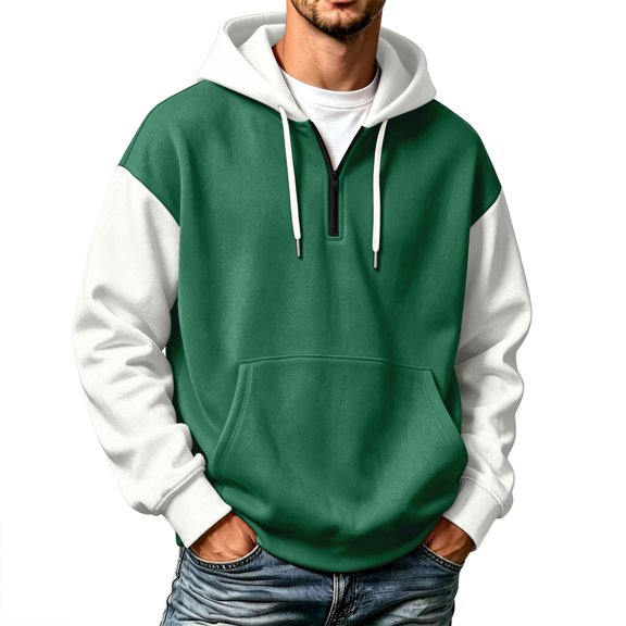 Men's Quarter Zip up Hoodie Color Block Raglan Long Sleeve Drawstring Pullover Sweatshirt with Pocket Casual Athletic Fall Hooded Tops Army Green XXL