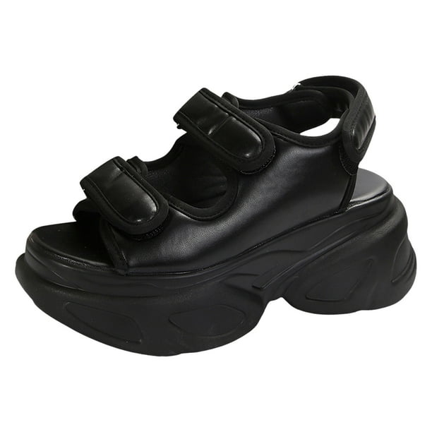Bmisegm Ladies Casual Shiny Leather Outwear Open Toe Breathable Beach Thick Bottom Large Size Sandals Sandals Women Summer Black 9