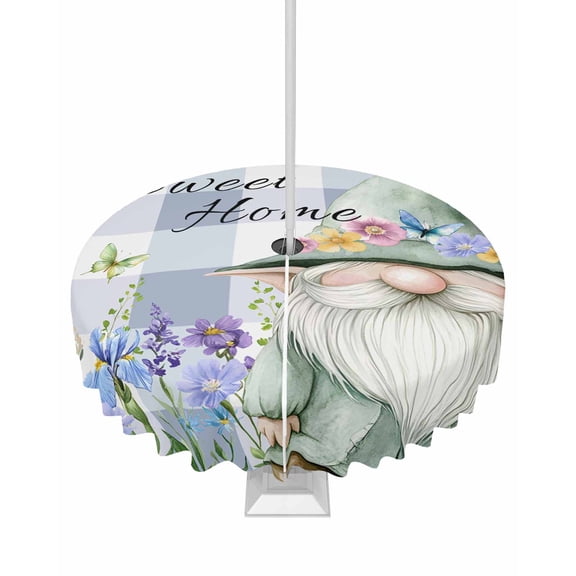 Outdoor Tablecloth with Umbrella Hole for Patio/Picnic/Party/Camping, Spring Gnomes Waterproof Table Cloth Round Cover Washable, Botanical Flowers Purple Buffalo Plaid Dia 60"