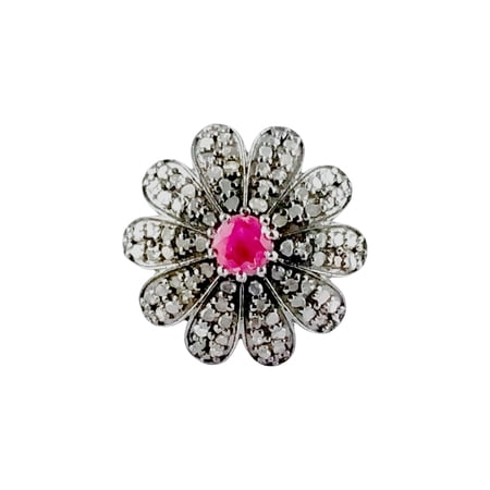 Sterling Silver Ruby Flower Ring, Dainty Pave Diamond Cocktail Ring, Unique Gift For Her