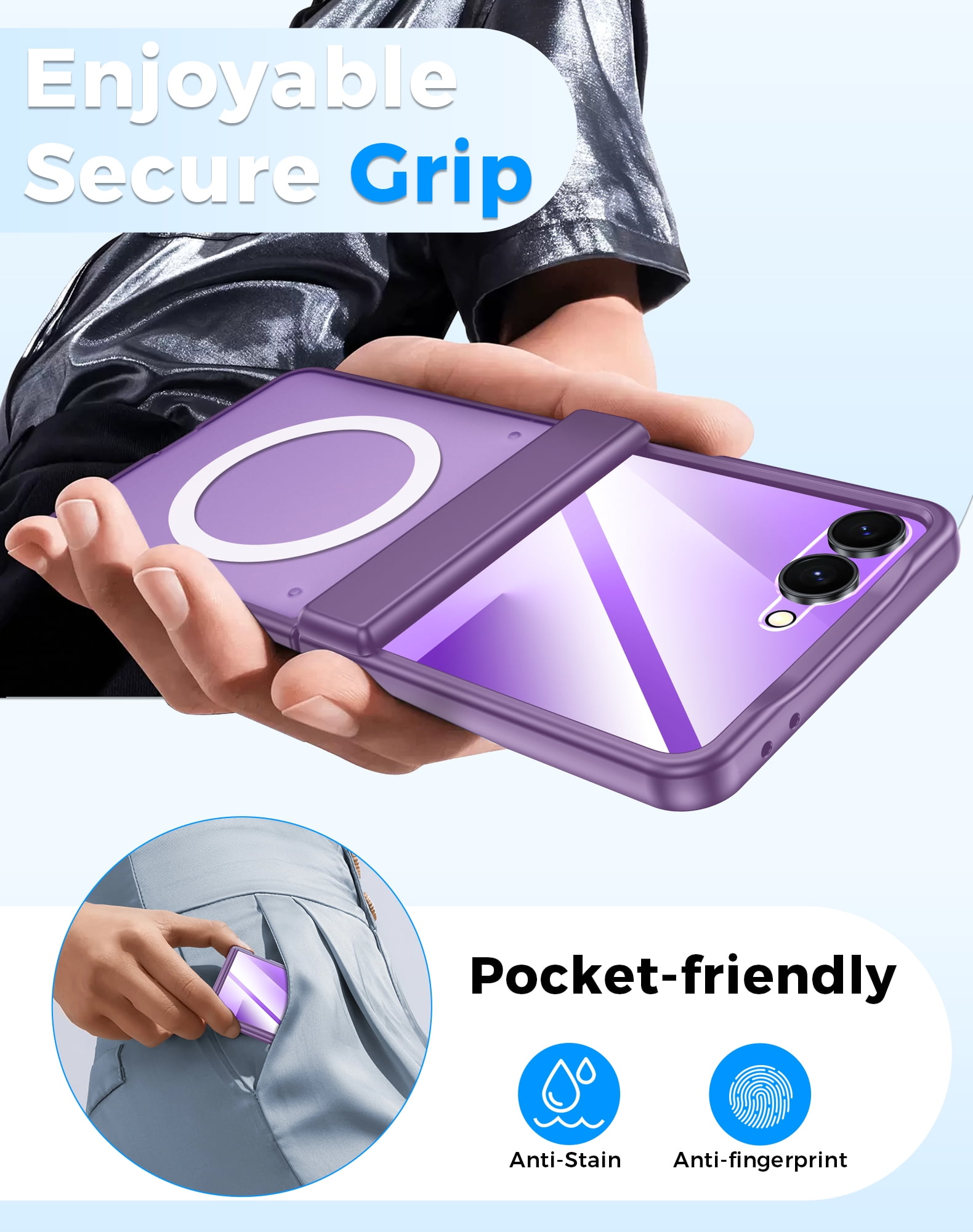 Oupeigar for Samsung Galaxy Z Flip 7 Phone Case,Compatible with MagSafe,Screen Protector,Anti-Fingerprint Translucent Matte Shockproof Case-Purple