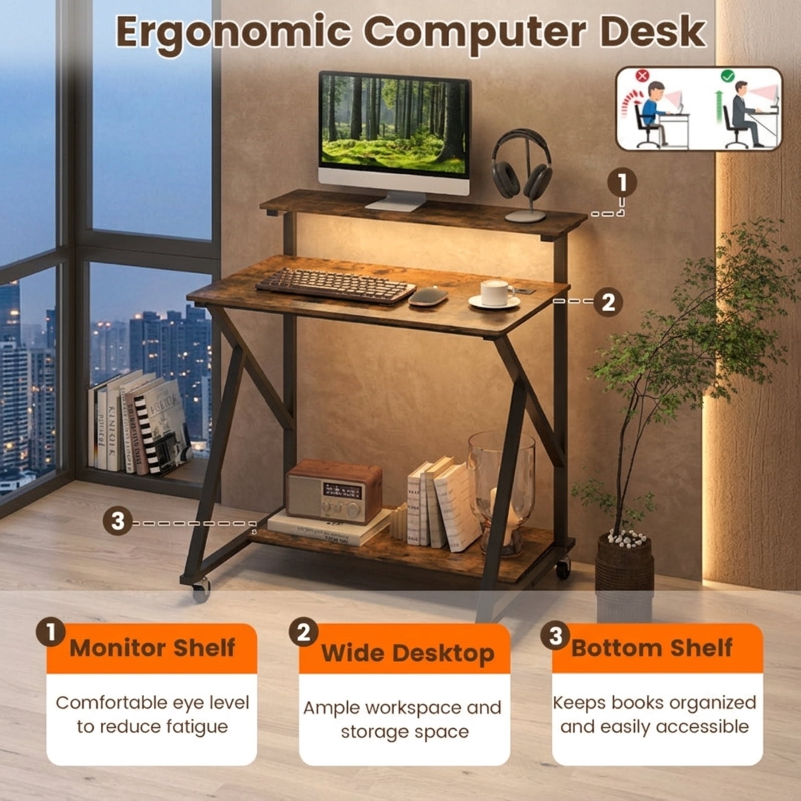 Furnibear 32 Inch Rolling Computer Desk for Small Spaces With Power Outlets and Monitor Shelf, Compact Home Office Desk on Wheels, Rustic Brown