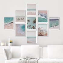 PixonSign Framed Canvas Print Wall Art Set - Tropical Blue Ocean Beach Waves Posters - Set of 9 Boho Nature Seaside Rustic Photography Wall Décor for Living Room, Bedroom, Office - 11"x14" White