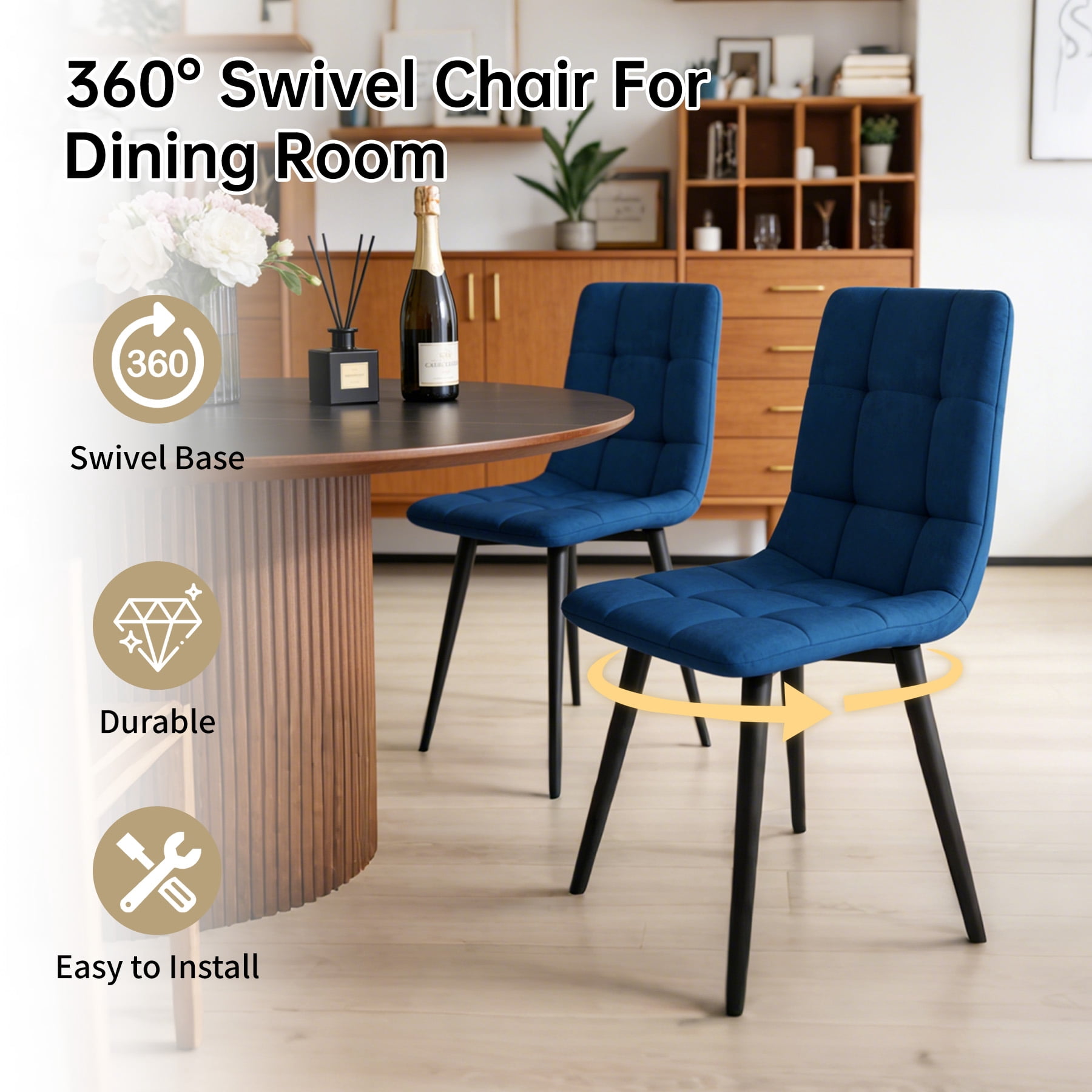 SHGJ&SOFT 360° Swivel Velvet Upholstered Dining Chairs Set of 4, Mid Century Modern Accent Chairs with L-Shaped Backrest, Adjustable Metal Legs for Kitchen Living Room(Blue1, 4pc)