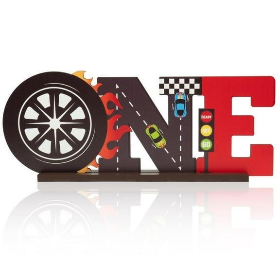 Haooryx Race Car ONE Letter Sign Wooden Table Centerpiece Let’s Go Racing Checkered Theme
