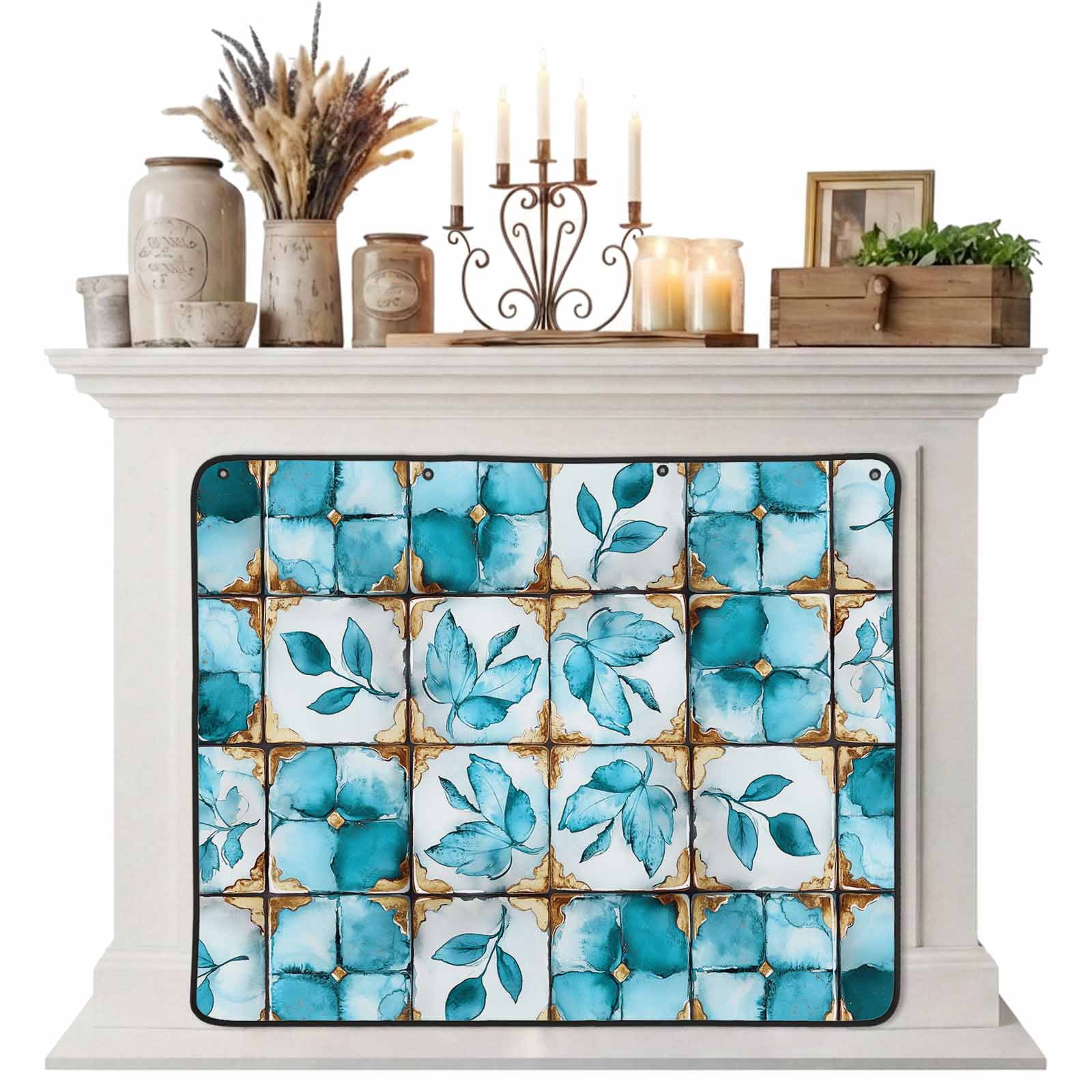 Magnetic Fireplace Cover Teal Floral Leaves Fireplace Screen Ethnic Style Lattice Insulation Fireplace Blocker Blanket Save Energy Fireplace Draft Stopper Covers for Living Room 39x32