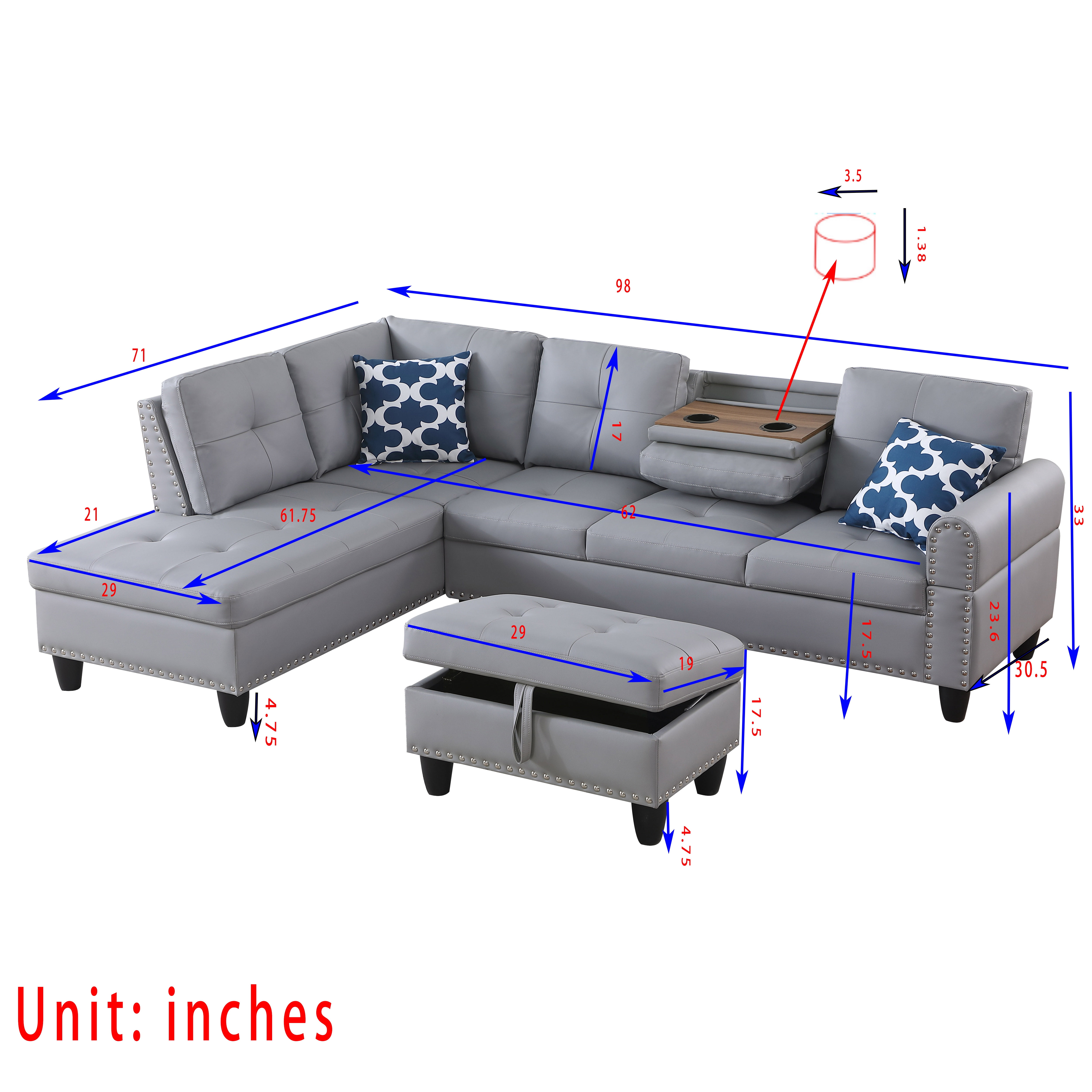 Gewnee L-Shaped Sectional Sofa with Nailhead Trim, Fold-Down Cup Holder, Storage Ottoman & 2 Toss Pillows for Living Room, Gray