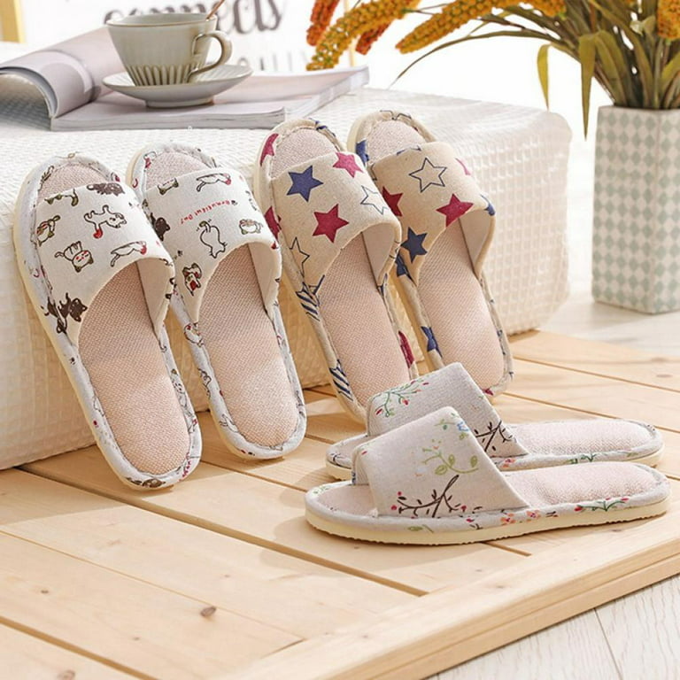 Women Cotton Linen Open Toe Home Slippers Ladies Anti-slip Flat Indoor  Shoes