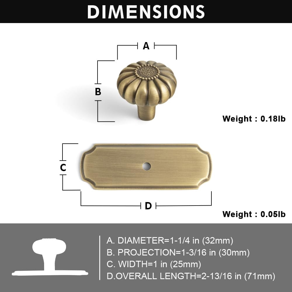 Set of 6 - Elegant Vintage Bloom Antique Brass Cabinet Knobs with Backplate, Drawer Pulls for Kitchen, Dresser Cabinet Hardware for Bedroom, 1-1/4 Inches Diameter Handles