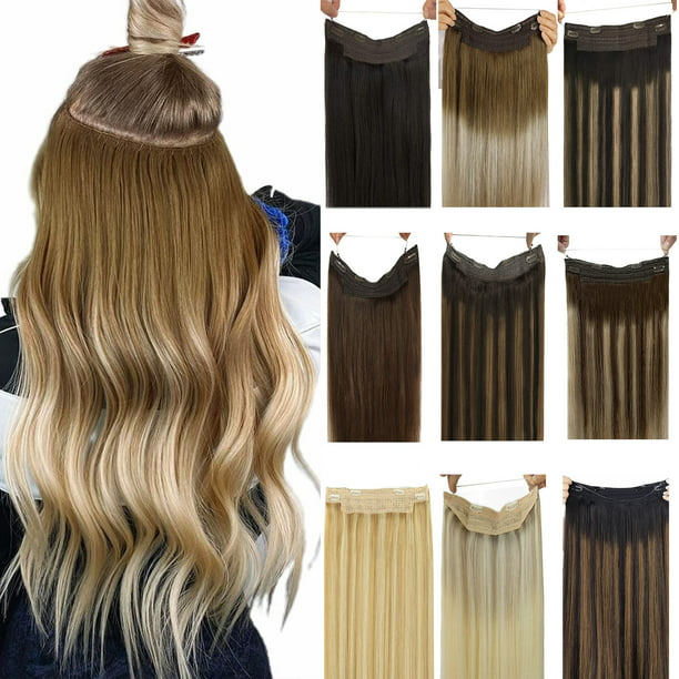 hotbanana Real Human Wire Hair Extensions,Brown Mixed Bleach  Blonde,Invisible Wire Fish Line,12 inch 