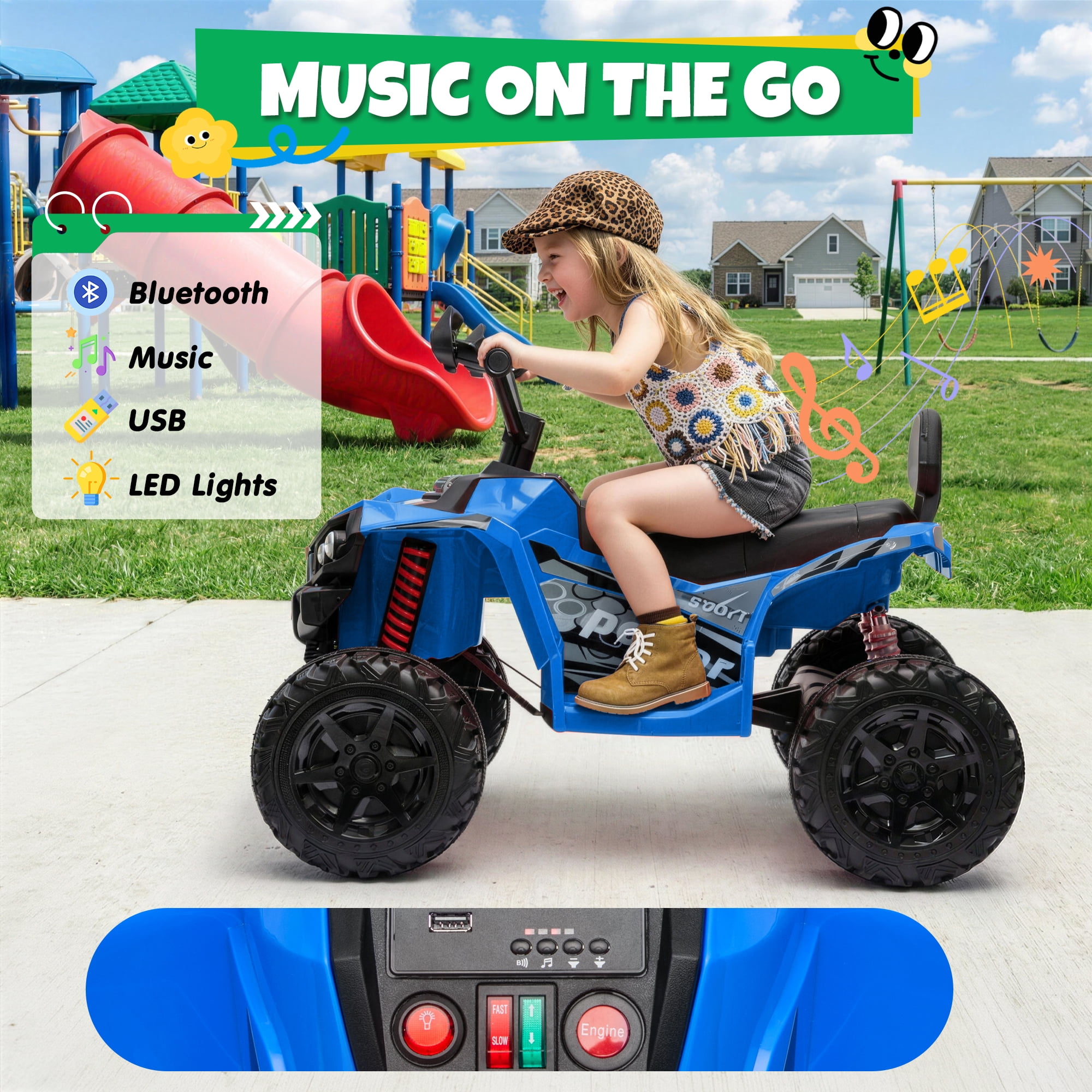 24V Kids Ride On ATV for Ages 3-8, 4WD Electric Quad with 4 Motors, Bluetooth Music, LED Lights, Spring Suspension, 3-5 km/h, 110 lbs Capacity, Battery Powered Toy for Boys Girls, Blue