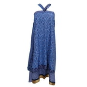 Mogul Womens Wrap Long Skirt Blue Printed Silk Sari Beach Reversible Skirts