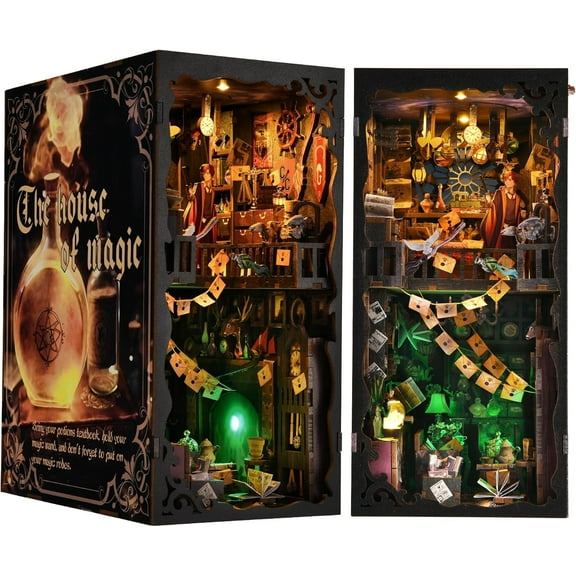Book Nook Kit, DIY 3D Wooden Puzzle Booknook Bookend Miniature Dollhouse, Book Nook Kits for Adults, Bookshelf Insert Alley Home Decor with LED Light (The House of Magic)