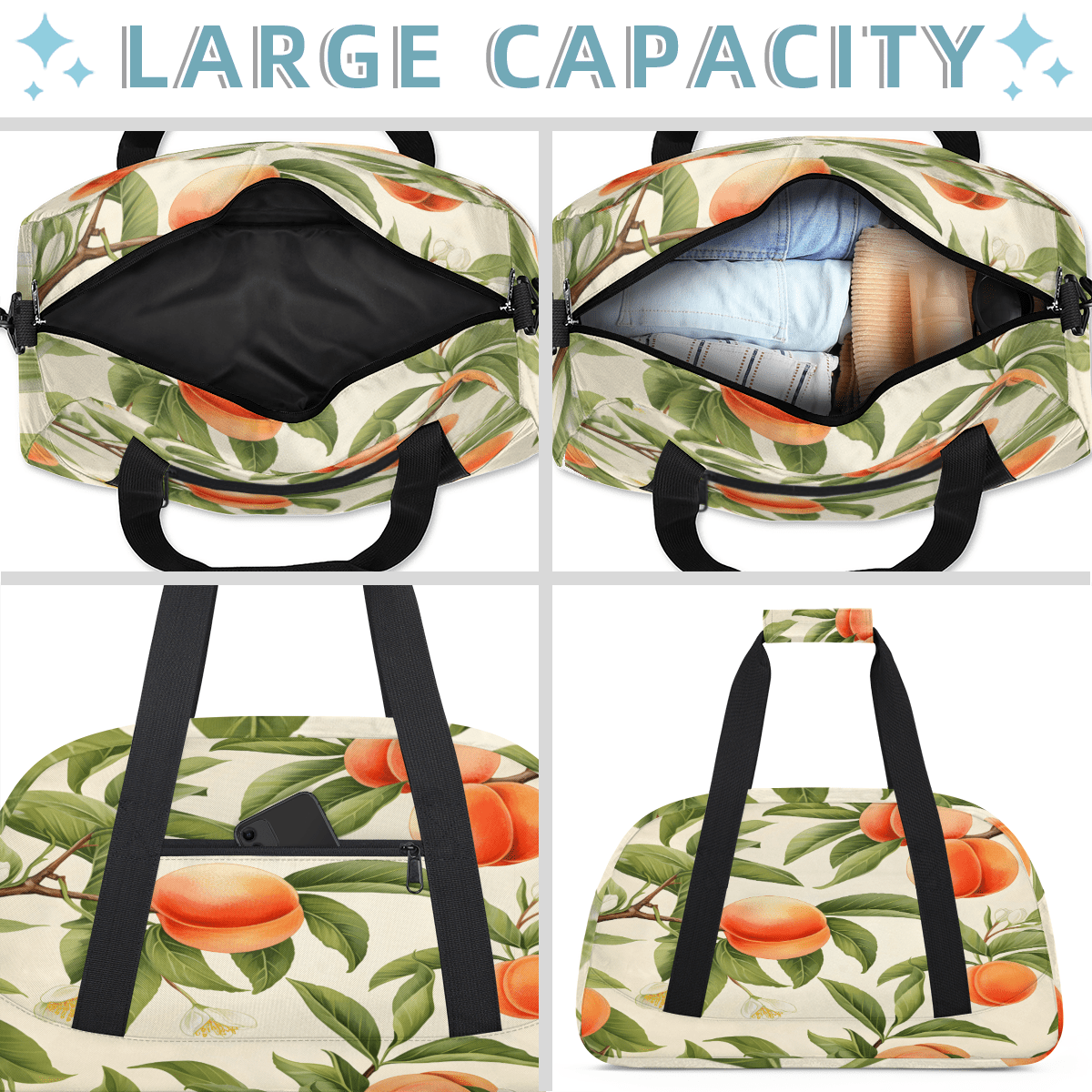 Herdesigns Peach Sports Duffle Bag for Women & Men, Fruit Peach Gym Bag Dance Bag Overnight Bag Carry On Weekender Travel Bag