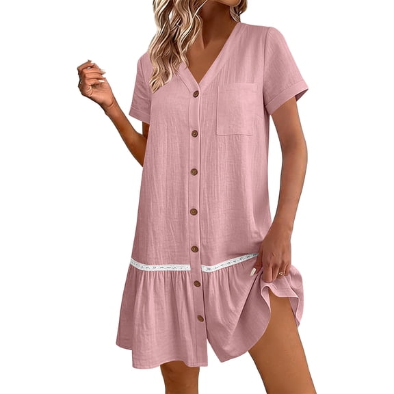 Admvng Women's Lace Trim Button-Down Mini Dress V-Neck Short Sleeve Casual Tunic with Pocket