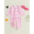 thumbnail image 3 of Elippeo Baby Girls Autumn Footed Jumpsuit 3 6 12 18 Months Long Sleeve Crew Neck Bow Print Oblique Zipper Romper with Headband, 3 of 8