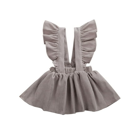 

Canis Baby Girls Flying Sleeve Soft Corduroy A-Line Solid Color Strap Dress