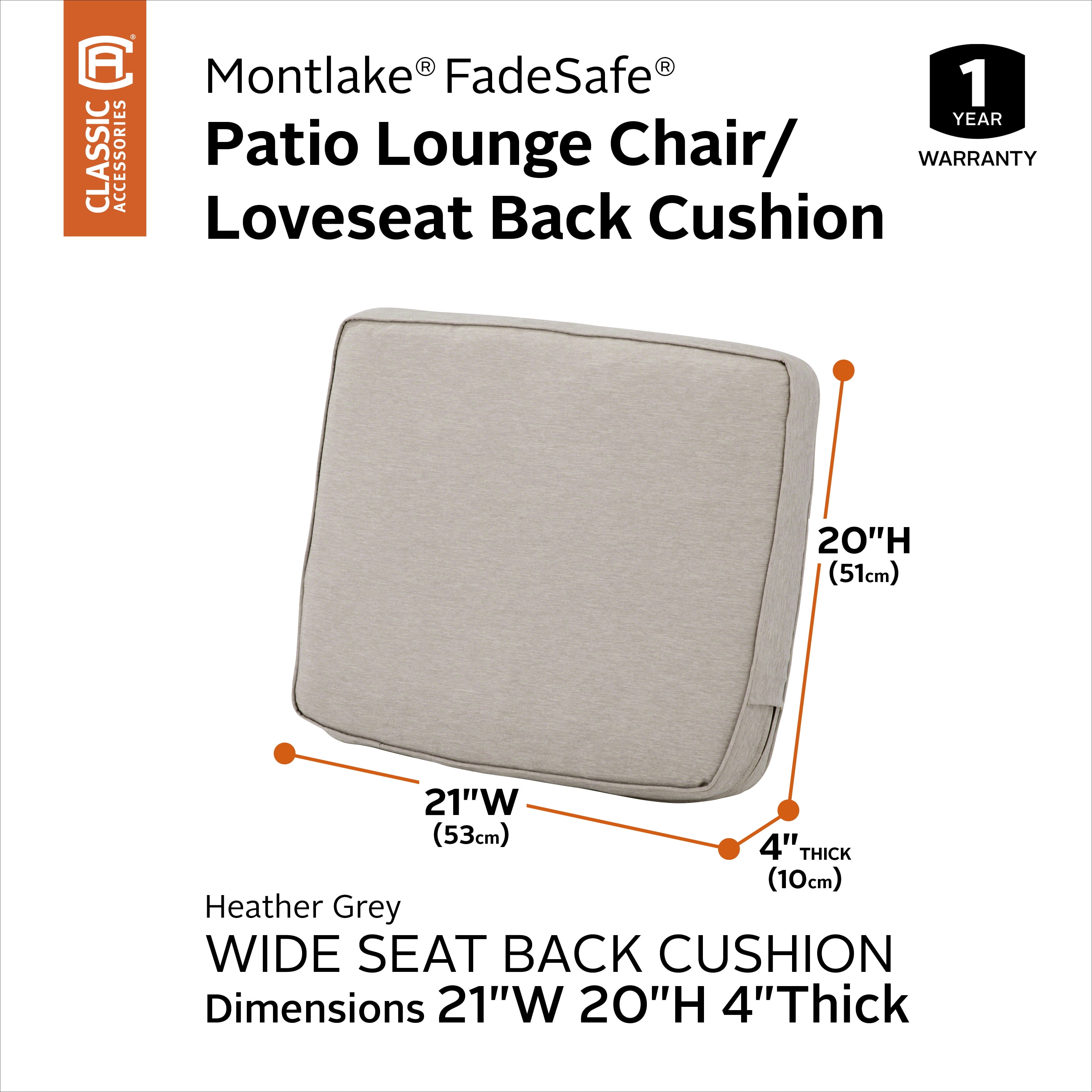 Classic Accessories Montlake Water-Resistant 21 x 20 x 4 Inch Patio Lounge Back Cushion, Heather Grey
